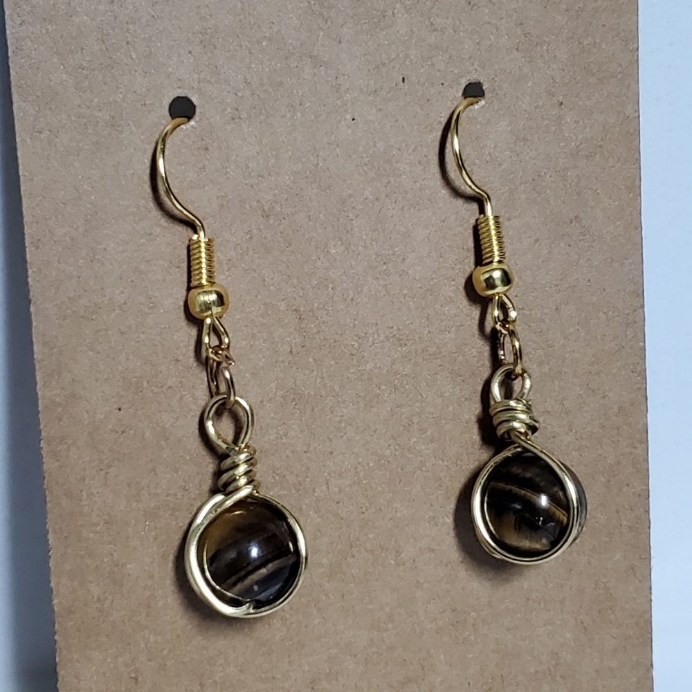 Tiger Eye Agata gold Gemastone Gold Wire Handmade earrings